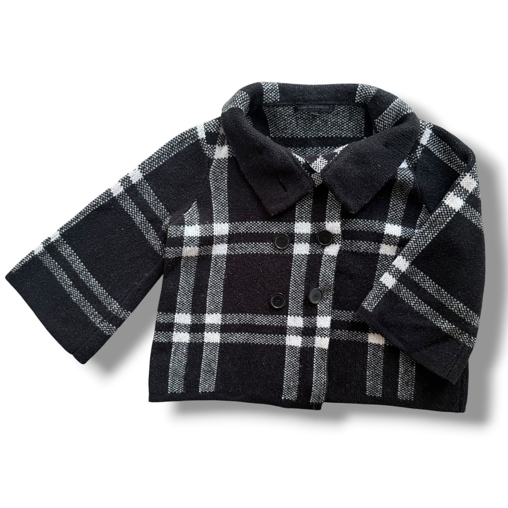 Katherine Barclay Sz L Black White Plaid Thick Knit Cardigan Car Coat Y2K Preppy